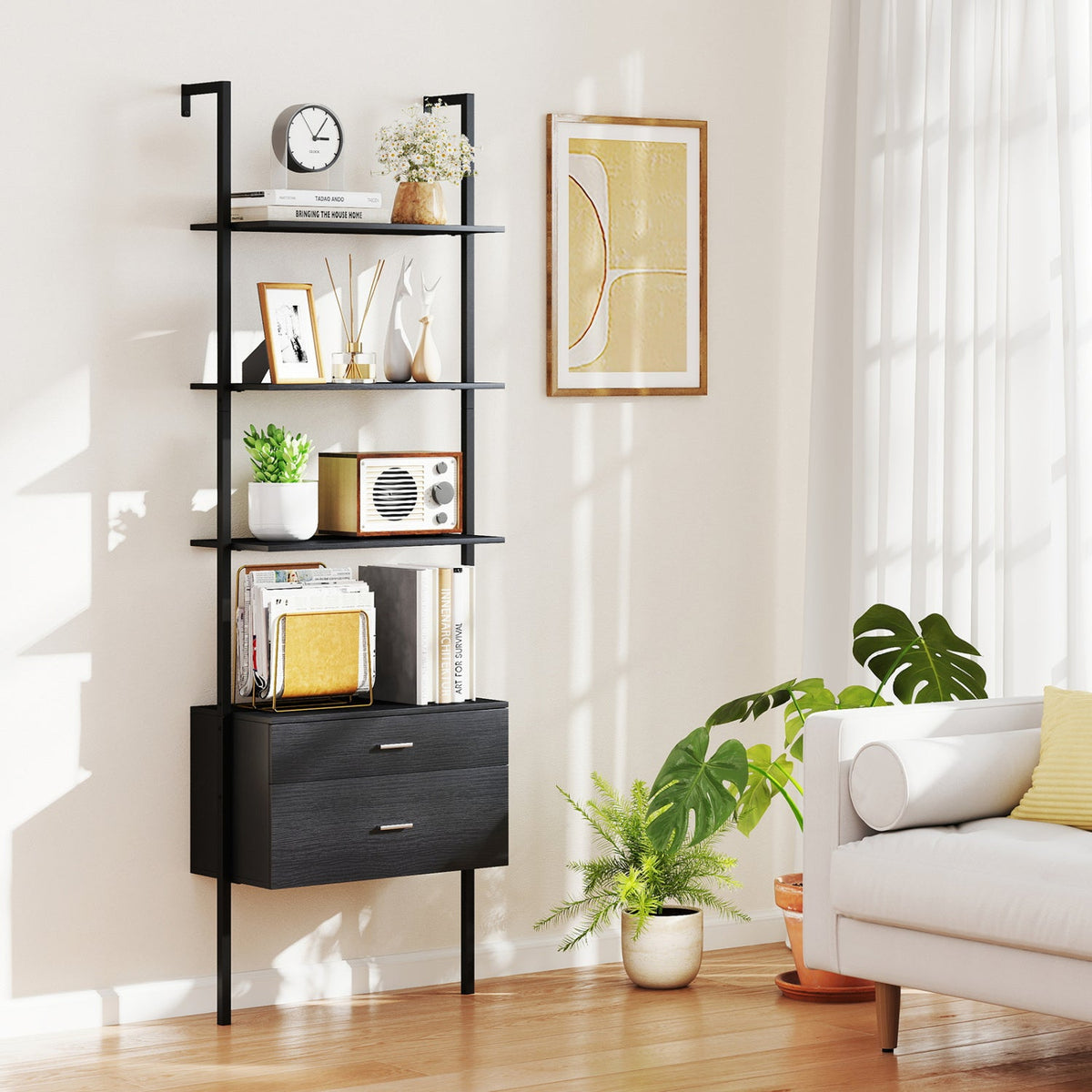 6-Tier Ladder Bookcase with 2 Drawers and Metal Frame-Black