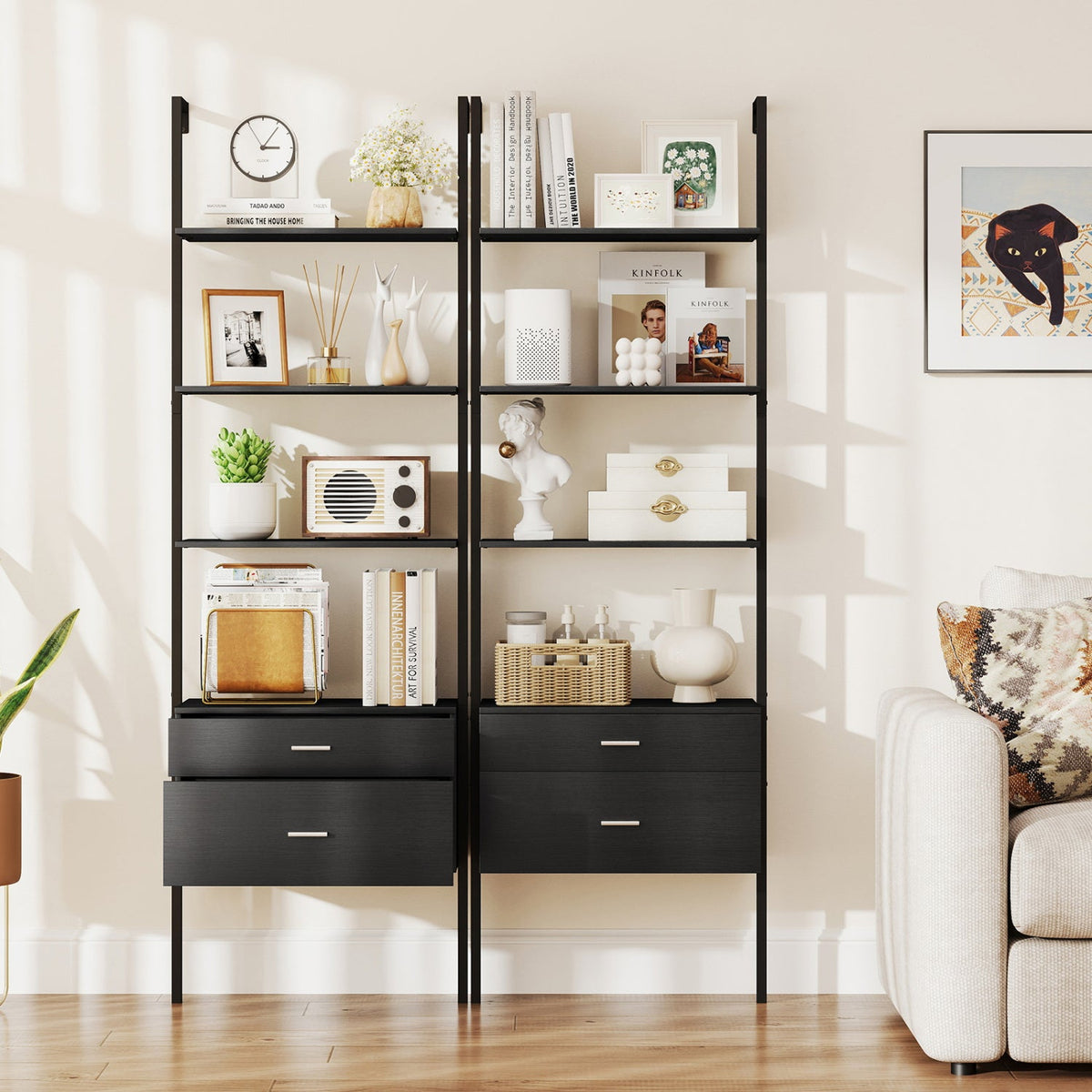 6-Tier Ladder Bookcase with 2 Drawers and Metal Frame-Black