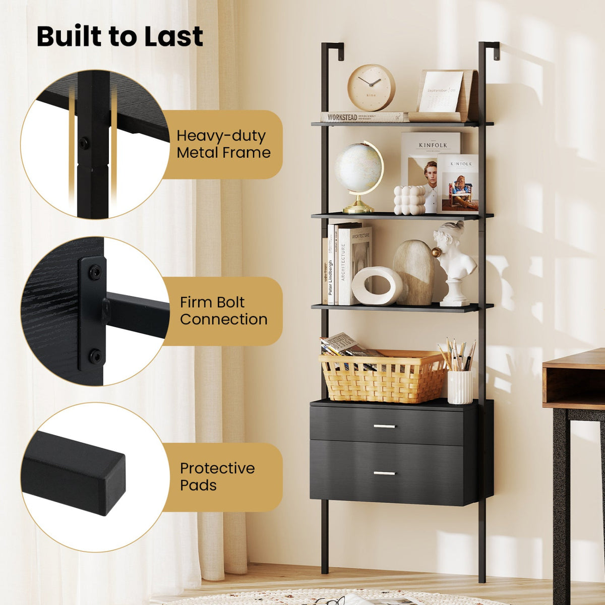 6-Tier Ladder Bookcase with 2 Drawers and Metal Frame-Black
