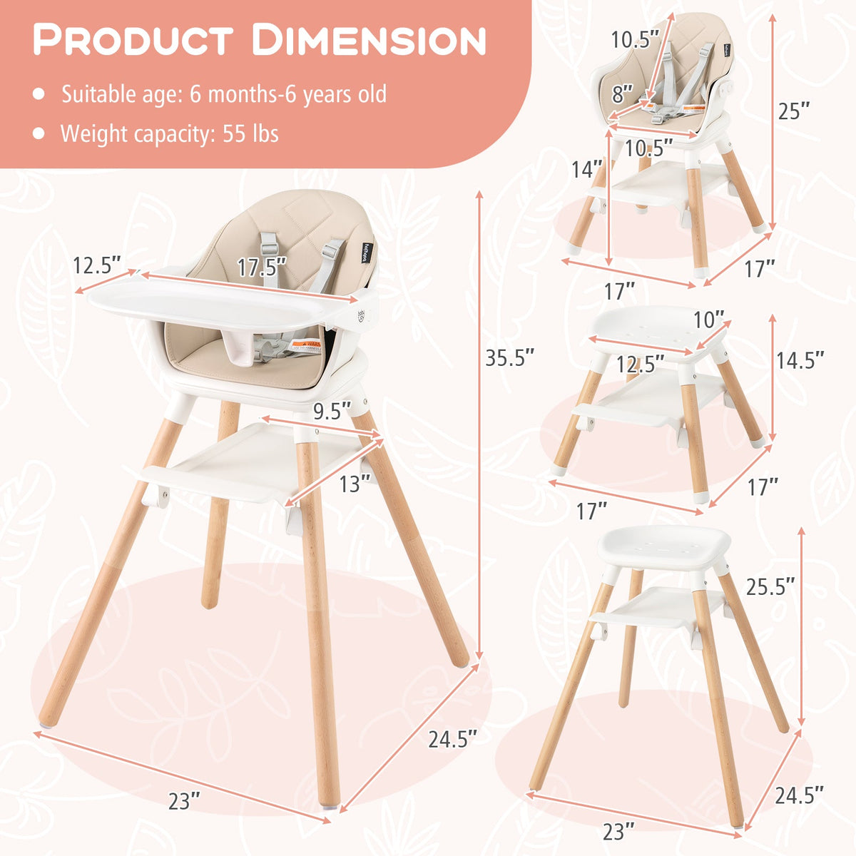 6 in 1 Convertible Highchair with Safety Harness and Removable Tray-Beige