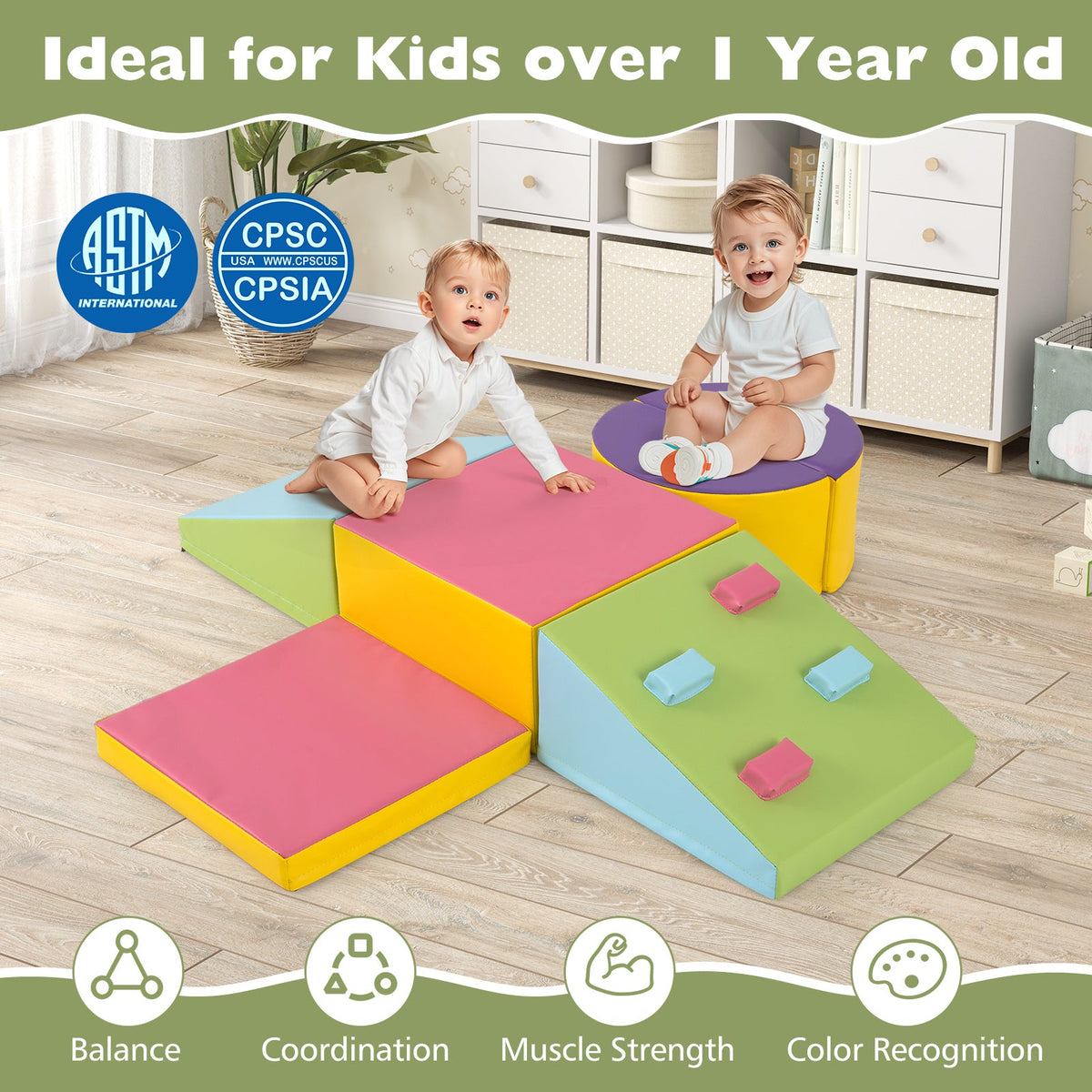 6-Piece Foam Climbing Blocks with Hook and Loop Fasteners