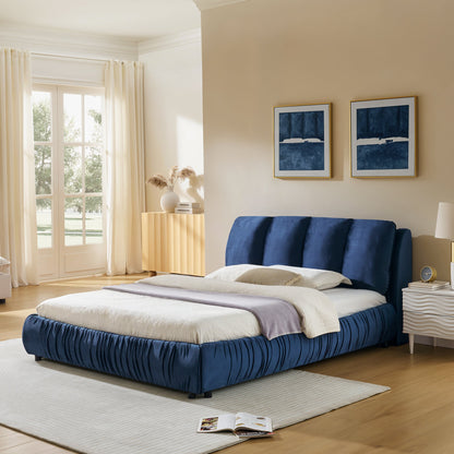 Queen Upholstered Bed Frame with Segmented Compressed Sponge Headboard - Dark Blue or Gray
