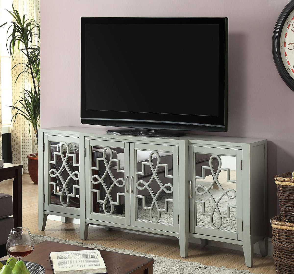 Mirrored Accent Console Cabinet with Solid Wood Legs - Black or Gray