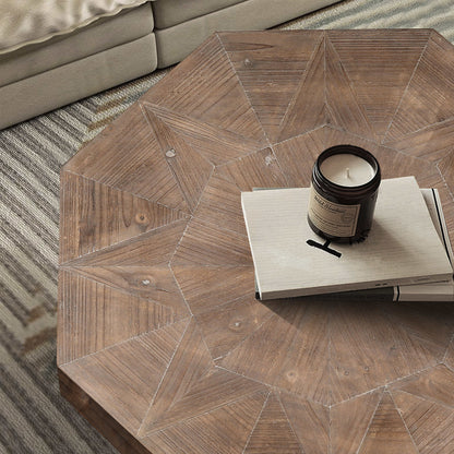 Wood Octagonal Vintage Patchwork Coffee Table with Metal Frame - Antique Brown