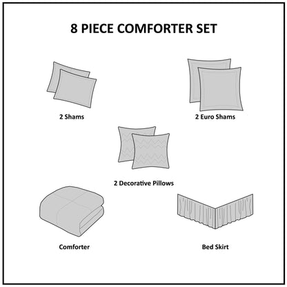 Embroidered 8 Piece Comforter Set with Hypoallergenic Fill - Neutral Queen
