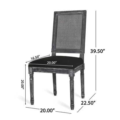 French Country Dining Chair with Rectangular Cane Backrest and Upholstered Seat