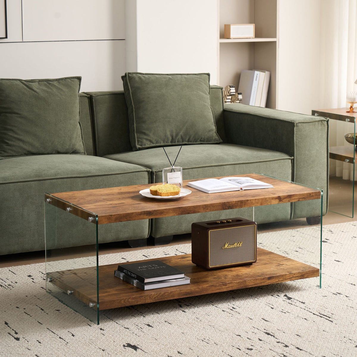 Light Brown Side Table with Tempered Glass Top - Fully Assembled