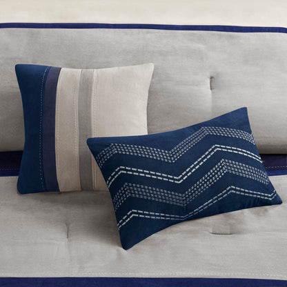 Blue Faux Suede Queen Comforter Set with Decorative Pillows - 7 Piece