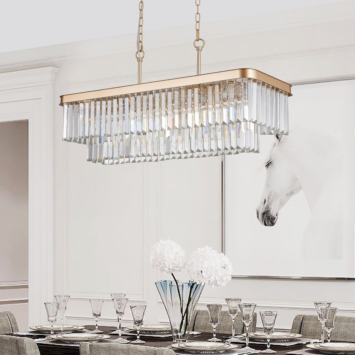 Rectangular Crystal Chandelier with Adjustable Height - Gold