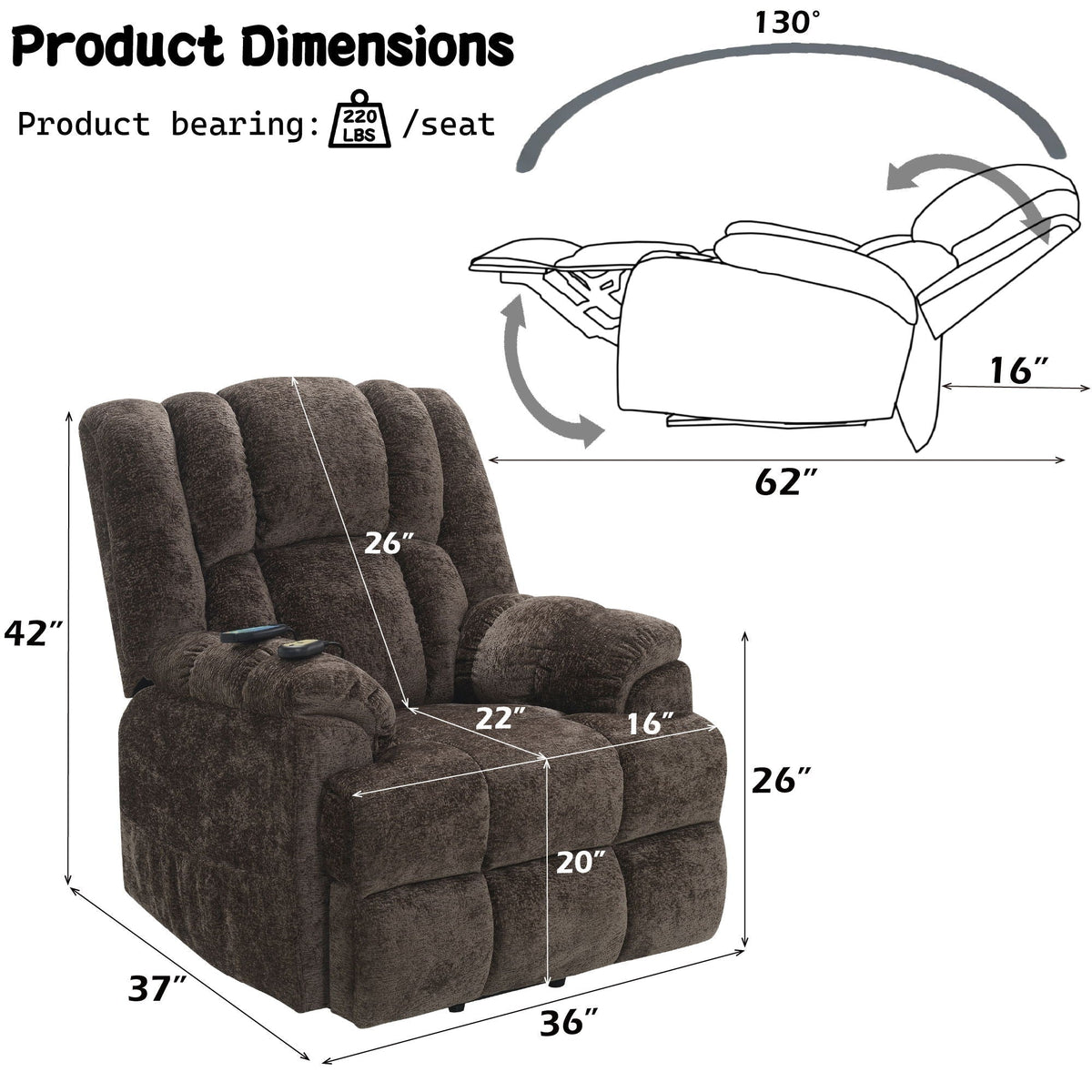 Power Motion Recliner with Lift, Heating & Massage - Brown