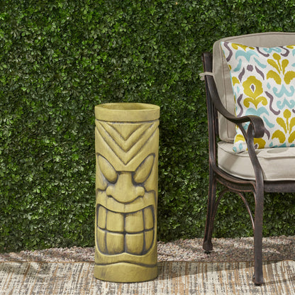 Stone Statue Urn Planter with Tiki Face Design - Antique Green