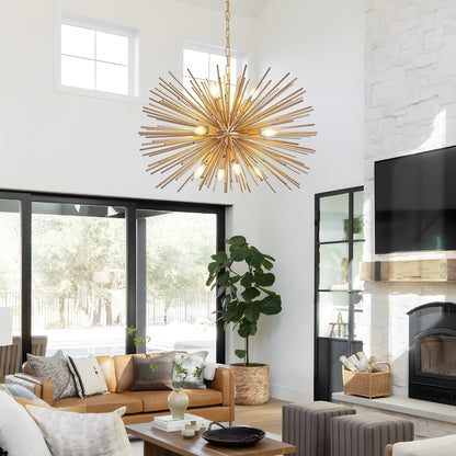 Gold 12-Light Mid-Century Modern Starburst Chandelier with Adjustable Chain
