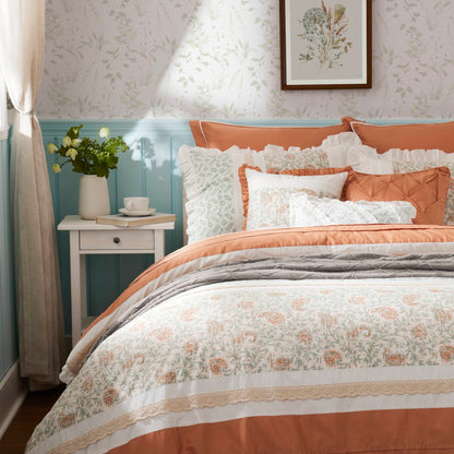 Coral Cotton Percale Comforter Set with Pintucking and Lace Taping - Queen