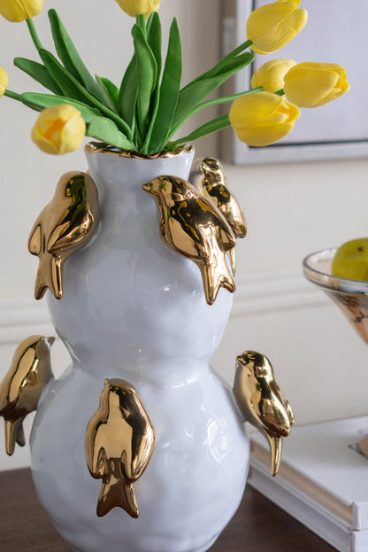 White Two-Tiered Ceramic Vase with Gold Bird Accents - 14" Height