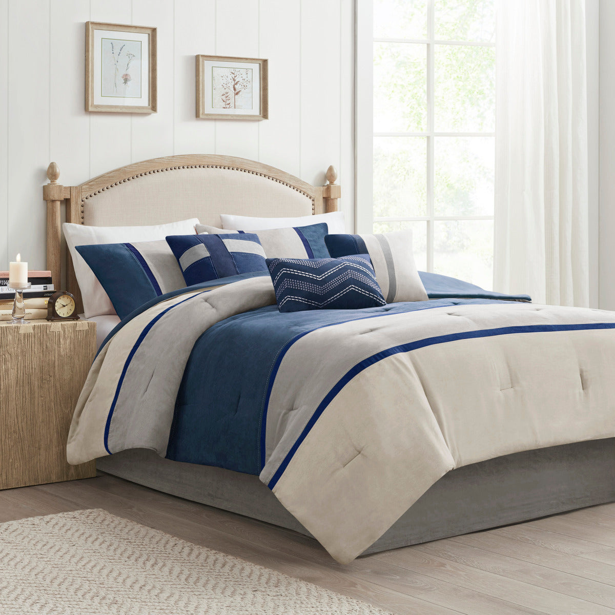 Blue Faux Suede Queen Comforter Set with Decorative Pillows - 7 Piece