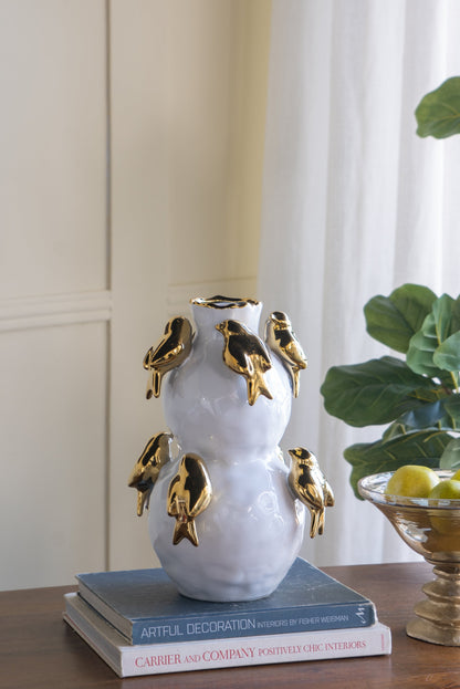 White Two-Tiered Ceramic Vase with Gold Bird Accents - 14" Height