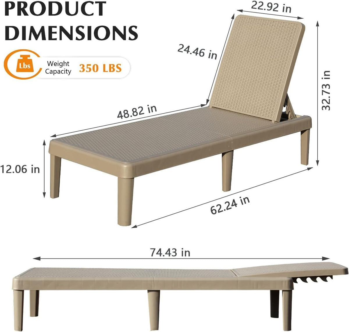 Pool Lounge Chairs Set of 2 with Adjustable Backrest - White Resin