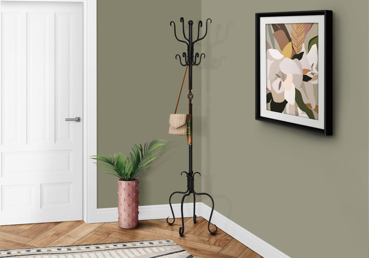 Coat Rack Hall Tree with 8 Hooks - Black Metal Entryway Stand