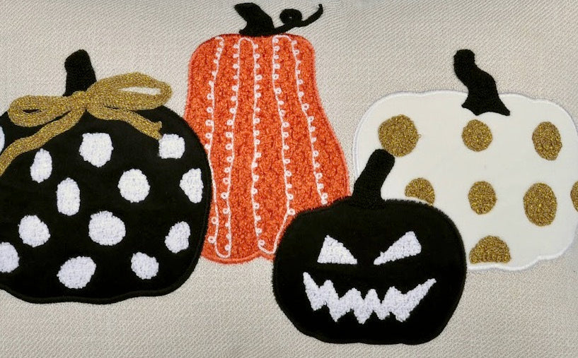 Embroidered Halloween Pumpkin Pillow with Polka Dot Linen – Multicolor