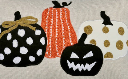 Embroidered Halloween Pumpkin Pillow with Polka Dot Linen – Multicolor
