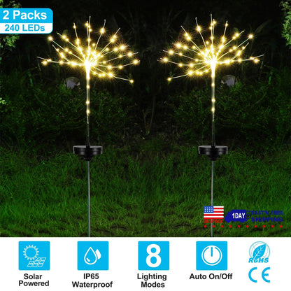 2Pcs Solar Powered Starburst Lights 240 LEDs Firework Lamp Garden Path Decor Lights