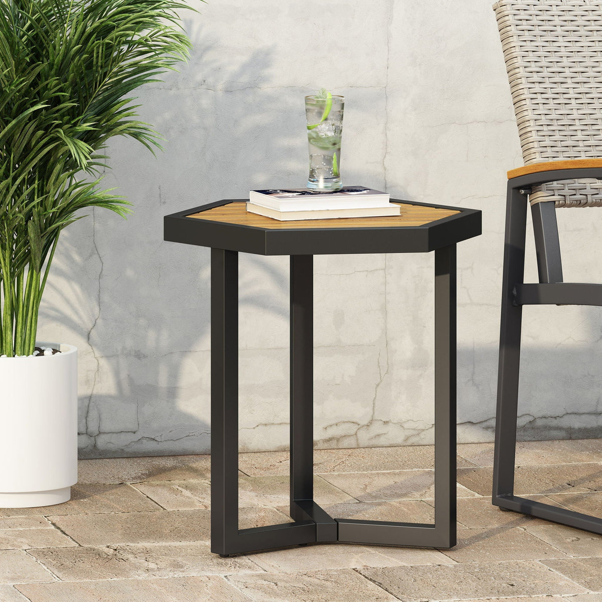 Outdoor Side Table with Iron Base and Wooden Slatted Top - Brown