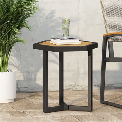 Outdoor Side Table with Iron Base and Wooden Slatted Top - Brown