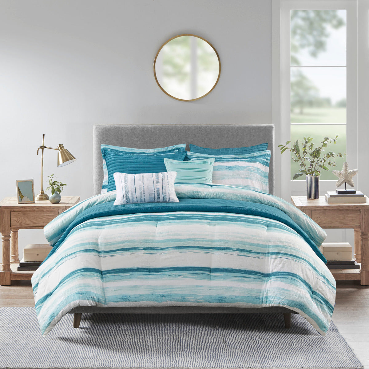 8 Piece Seersucker Comforter and Quilt Set with Hypoallergenic Fill – Aqua King/Cal King