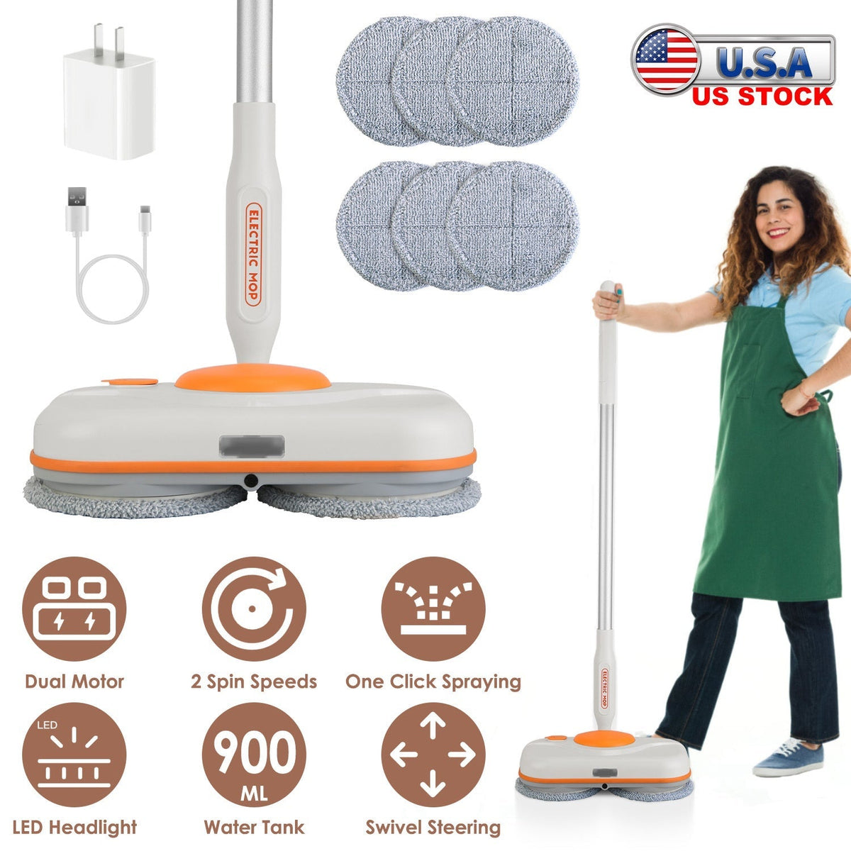 Dual Motor Cordless Spin Mop Self-Propelled Floor Cleaner with 6 Microfiber Pads 2 Speeds 900ML Water Tank One Click Spraying Headlight for Multiple F