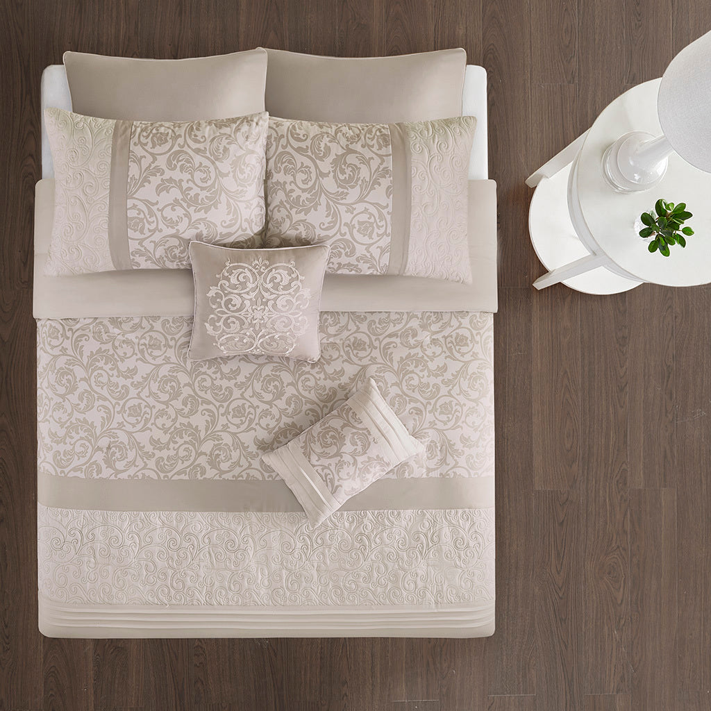 Embroidered 8 Piece Comforter Set with Hypoallergenic Fill - Neutral Queen