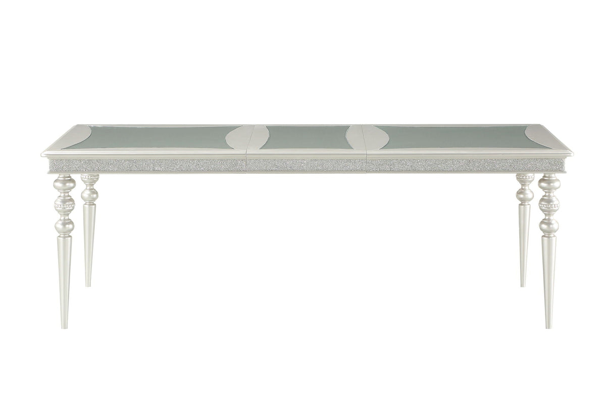 Silver Maverick Dining Table with Wood Top and Mirrored Inserts