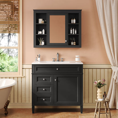 Bathroom Vanity With Mirror Cabinet and Single Sink - Soft-Closing Doors