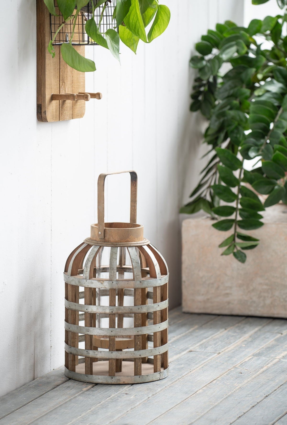 Decorative Wooden Lantern with Handle - Pearl Silver