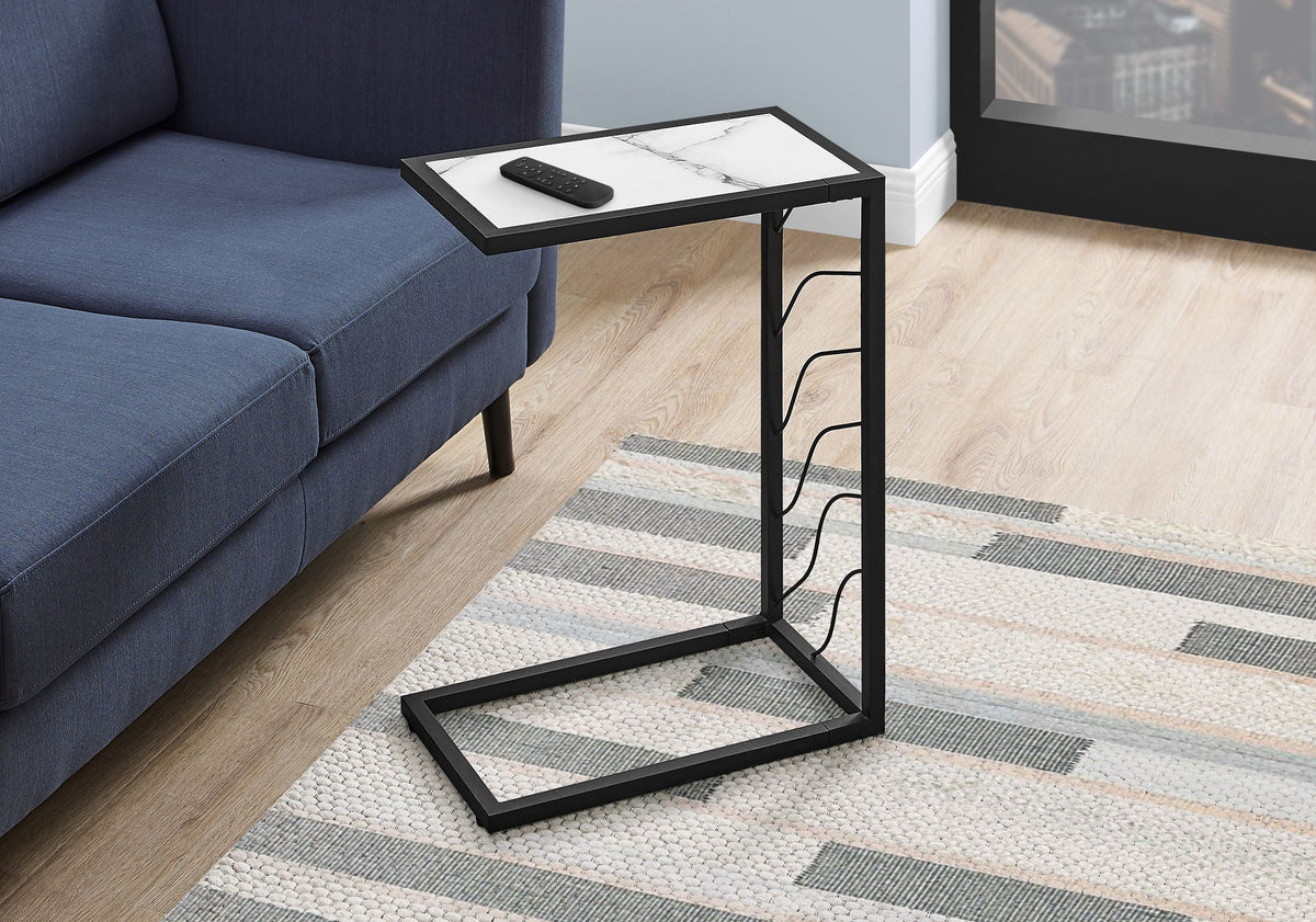 White C-Shaped Accent Table with Metal Frame - Contemporary Side Table