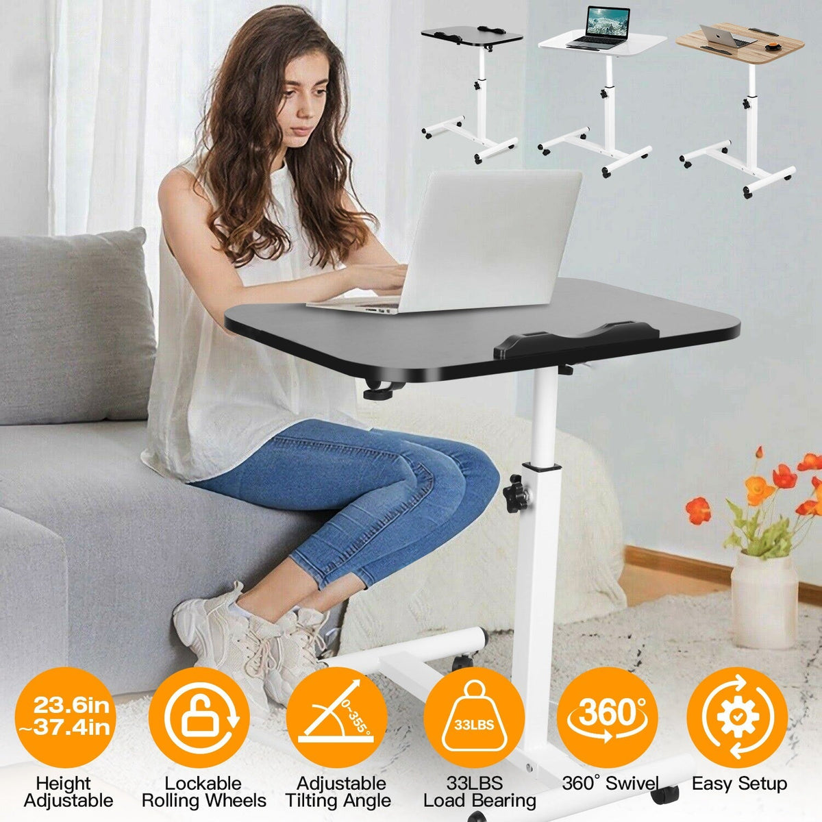 Rolling Laptop Table Portable Computer Desk Movable Table with Adjustable Height Tilting Angle