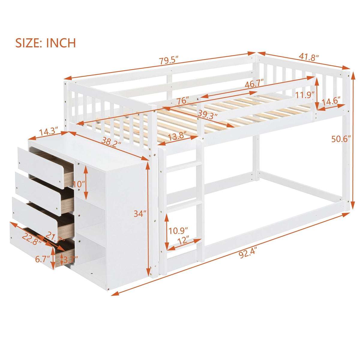 Bunk Bed With 4 Drawers and 3 Shelves - Solid Pine Wood