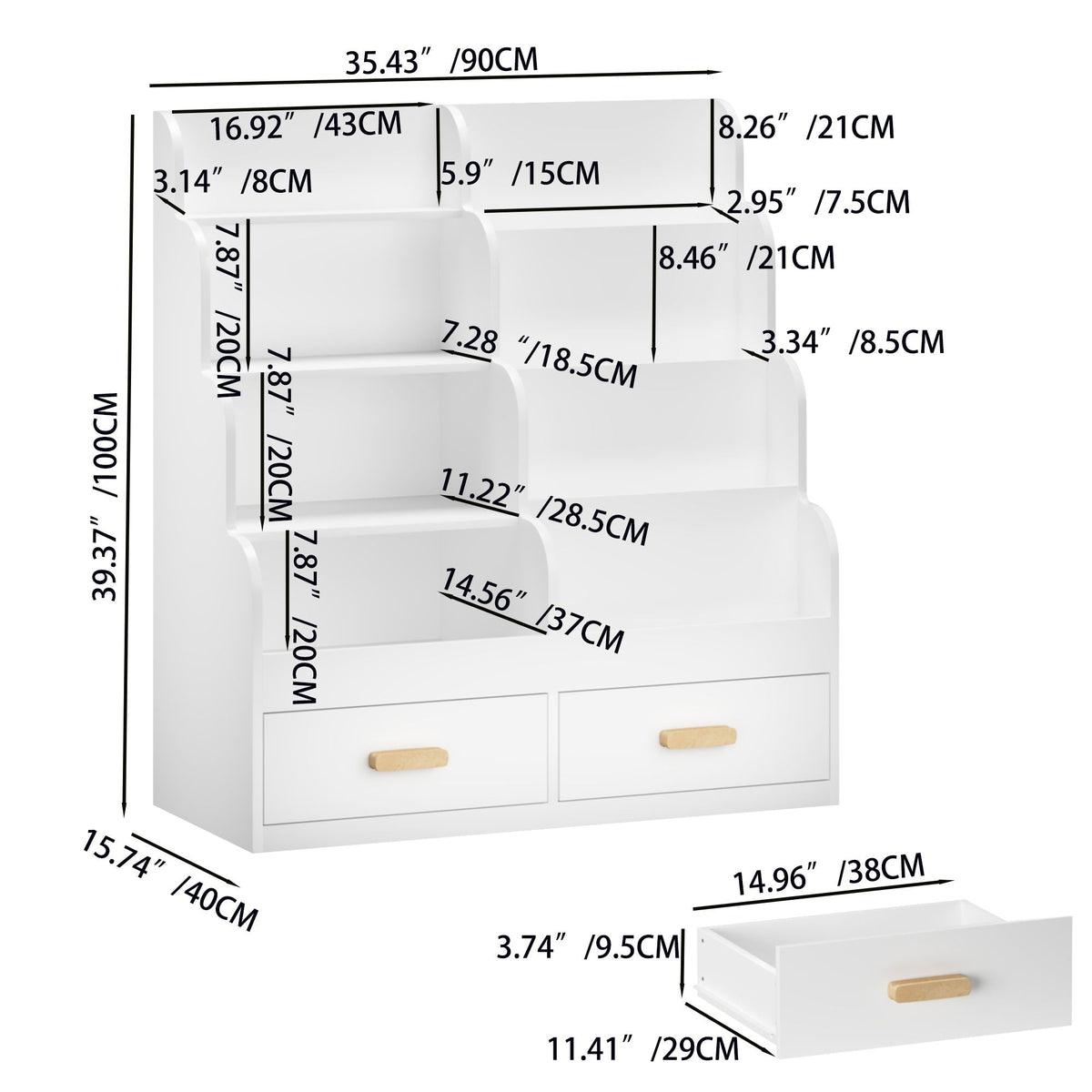 Bookshelf with 2 Storage Drawers, Front Facing Bookcase and Toy Organizer - White