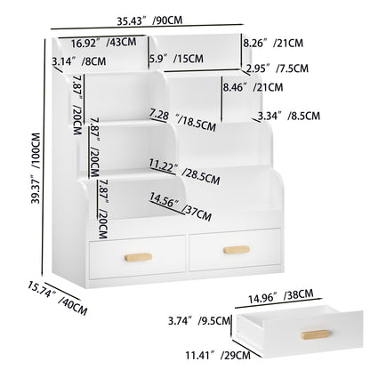 Bookshelf with 2 Storage Drawers, Front Facing Bookcase and Toy Organizer - White