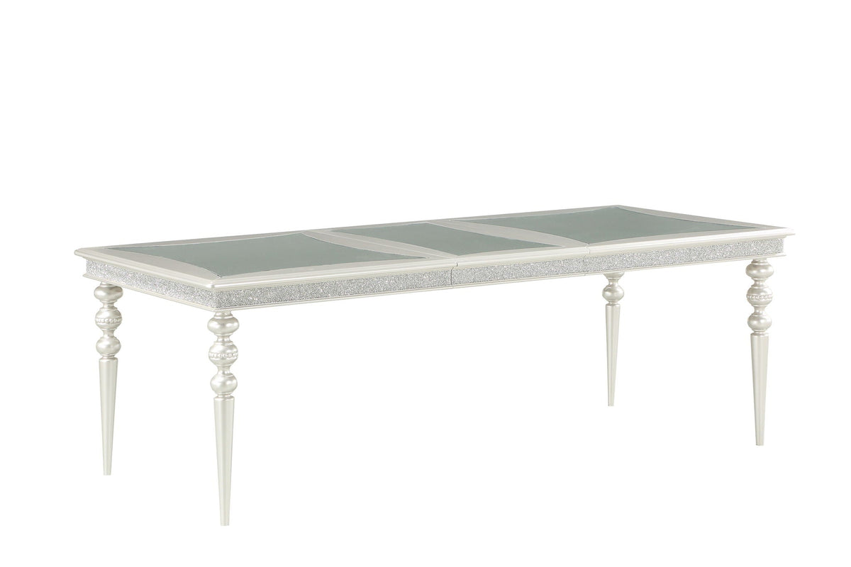 Silver Maverick Dining Table with Wood Top and Mirrored Inserts
