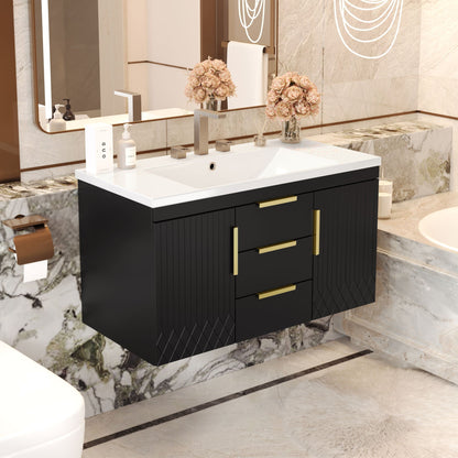 Wall Mounted Bathroom Vanity with Resin Sink - Black or White