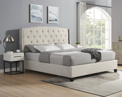 3-Piece Upholstered Bedroom Set with Tufted Wingback Bed - Beige