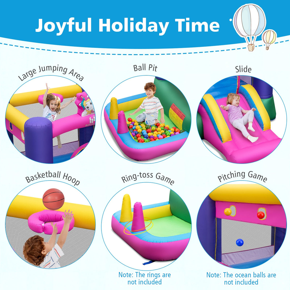6-in-1 Bouncy Castle Inflatable Bounce House with Slide and Ball Pit with 480W Blower