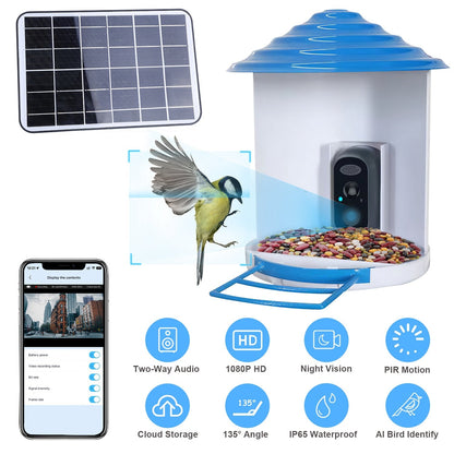 Smart Bird Feeder with Solar Powered Camera 1080P HD AI Identify PIR Motion Auto Capture Video Cloud Card Storage WiFi Connection App Control IP65 Wat