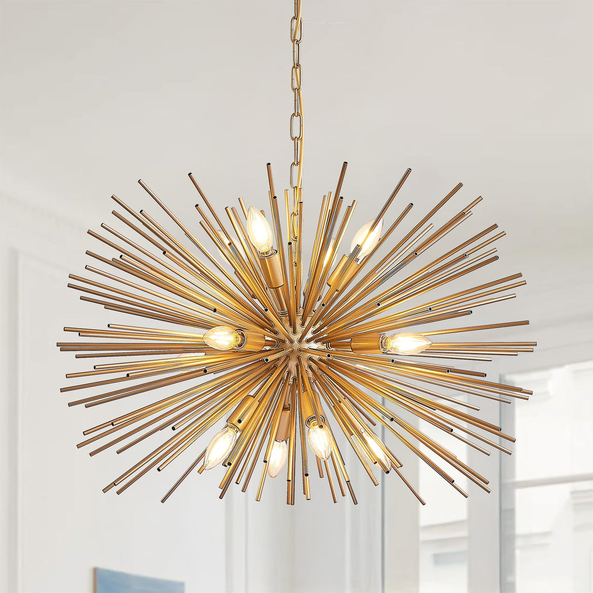 Gold 12-Light Mid-Century Modern Starburst Chandelier with Adjustable Chain