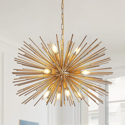 Gold 12-Light Mid-Century Modern Starburst Chandelier with Adjustable Chain