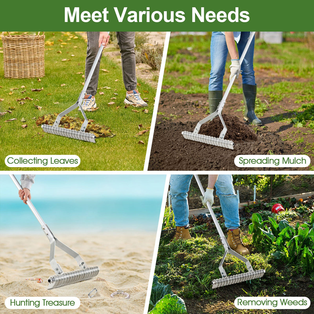 20 Inches Wide Aluminum Lawn Loosening Soil Rake with Long Handle and 19 Curved Tines