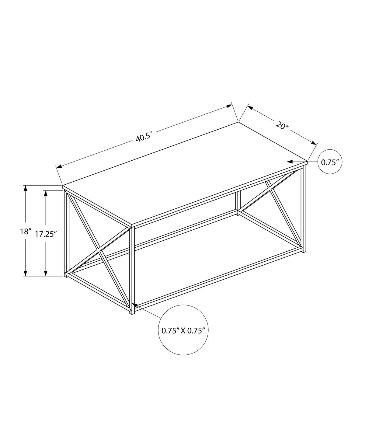 Rectangular Coffee Table with Metal X-Base - Light Brown, Dark Gray, or Black