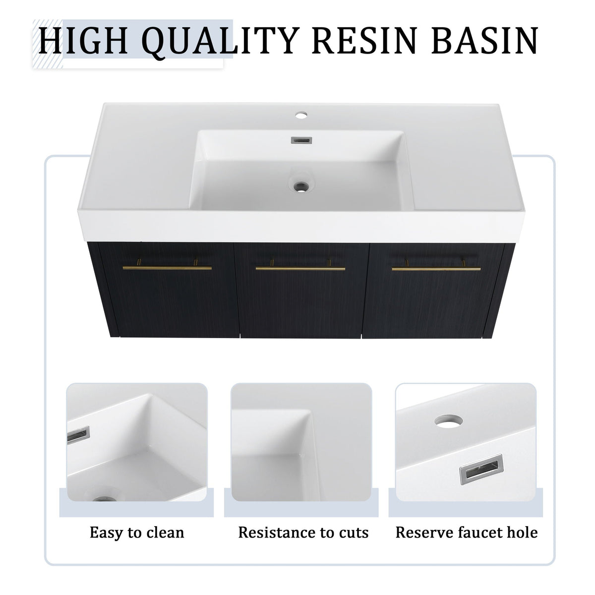 Modern Wall Mounted Bathroom Vanity with Resin Sink - Black
