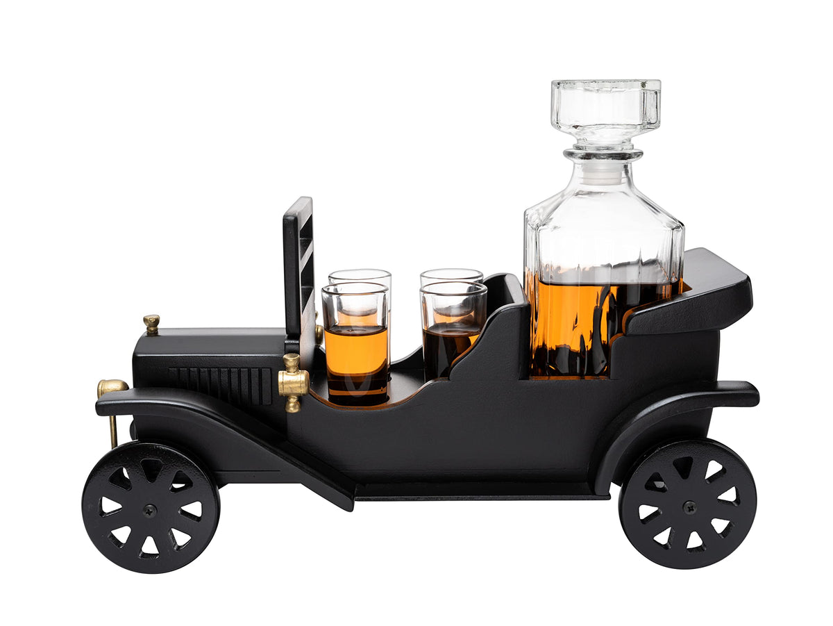 Old Fashioned Car Whiskey Decanter Set, Model T, Very Large 15" x 13" x 7" 750ml Decanter, and - 4 3oz Whiskey Tumbler Old Fashion Glasses, Old Fashioned Vintage Car, Limited Edition, Car Lovers Gift!