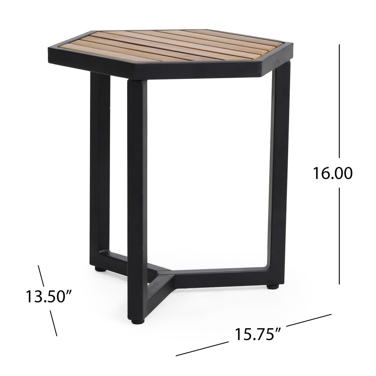 Outdoor Side Table with Iron Base and Wooden Slatted Top - Brown